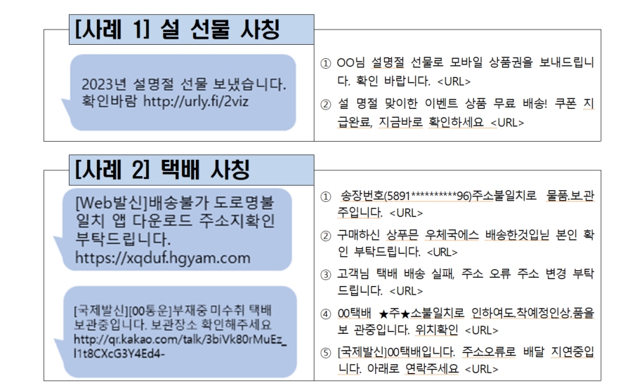 문자 사기 사례(출처 : 과학기술정보통신부)