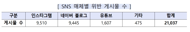 SNS 매체별 위반 게시물 수(출처 : 공정위)