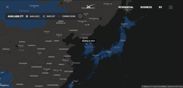 스타링크 홈페이지에 올라와 있는 서비스 가능지역. 한국은 10월 서비스 예정이다.