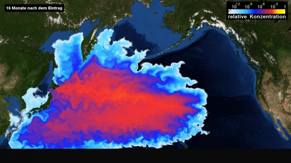 후쿠시마 원전 오염수 방류 시뮬레이션에서 16개월이 지난 뒤  나타난 태평양 해역의 방사선 물질 오염도 (사진 독일 킬 대학 헬름홀츠 해양연구소 사이트)