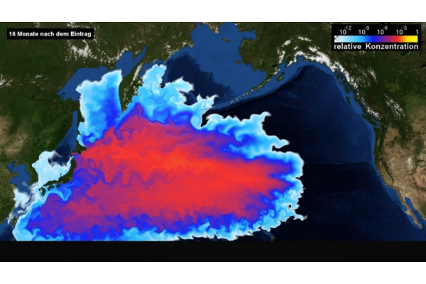 후쿠시마 원전 오염수 방류 시뮬레이션에서 16개월이 지난 뒤  나타난 태평양 해역의 방사선 물질 오염도 (사진 독일 킬 대학 헬름홀츠 해양연구소 사이트)