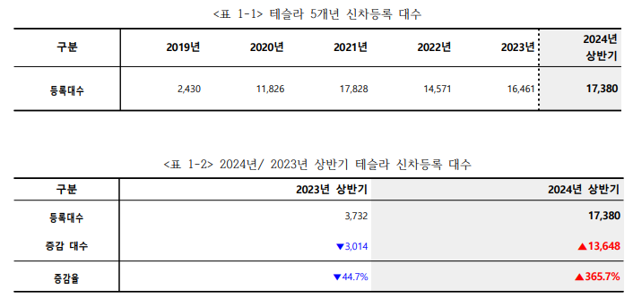 테슬라의 신차등록 대수 현황