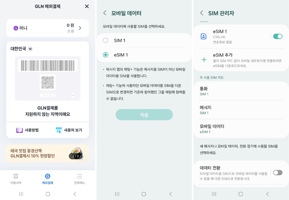 GLN 결제 및 eSIM 참고 화면